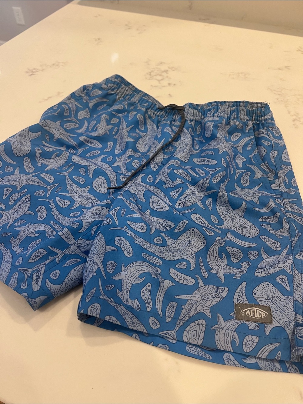AFTCO Blue Kids Swim Trunks with Fish Print